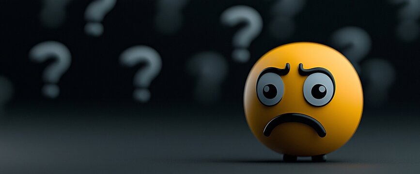Sad emoticon surrounded by question marks.