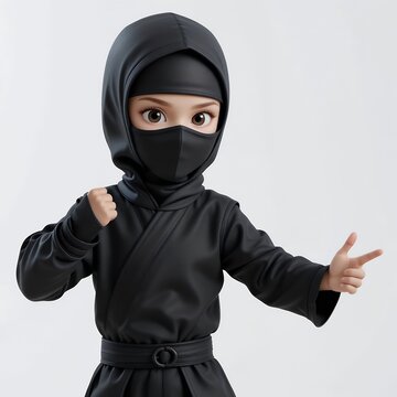 Adorable Little Ninja: 3D Render of a Cute Child in a Black Ninja Suit,  Ready for Action