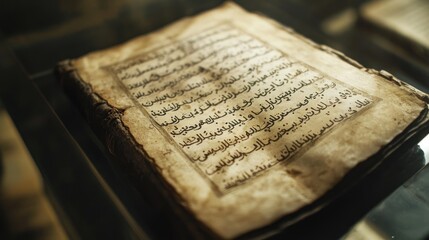 Antique book with aged, yellowed pages filled with elegant Arabic calligraphy, displayed under soft lighting.