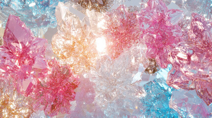 A dynamic abstract composition of kaleidoscopic fragments, featuring radiant bursts of pinks and electric turquoises, interspersed with flickers of silver. The textured background features layered gra