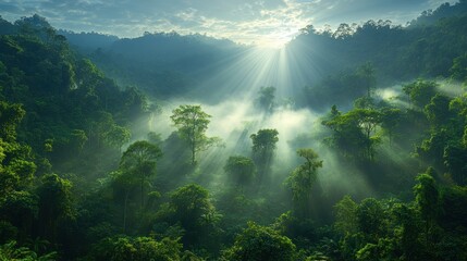 Fototapeta premium lush forest covered in thick fog with sunlight breaking through the trees in the distance