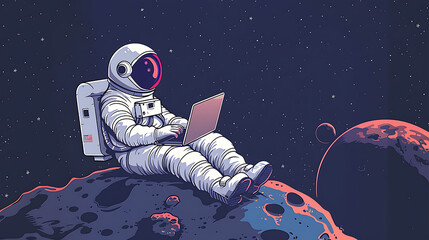 serene astronaut on a moon rock using a laptop immersed in the vast beauty of the universe representing the quiet harmony between technology and space exploration
