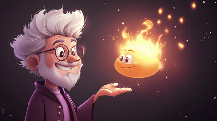 Cartoon-Style Wizard Holding a Smiling Flame in a Whimsical Fantasy Setting