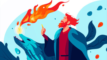 Flat Style Illustration of a Bearded Wizard Casting Fire Over a Serpentine Dragon