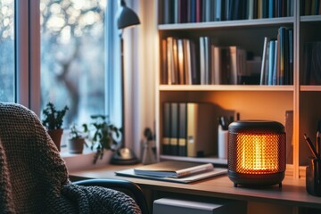 Cozy home office with heater, bookshelves, and plants near window.