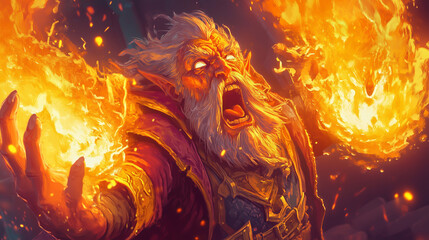 Epic Concept Art of a Powerful Wizard Conjuring Twin Fireballs in a Dramatic Scene