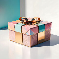 Obraz premium Colorful gift box decor. Gift wrap. A collection of gifts in a box. A surprise in gifts in a wrapping. Happy Birthday, Women's Day, Valentine's Day, and Happy Wedding Day