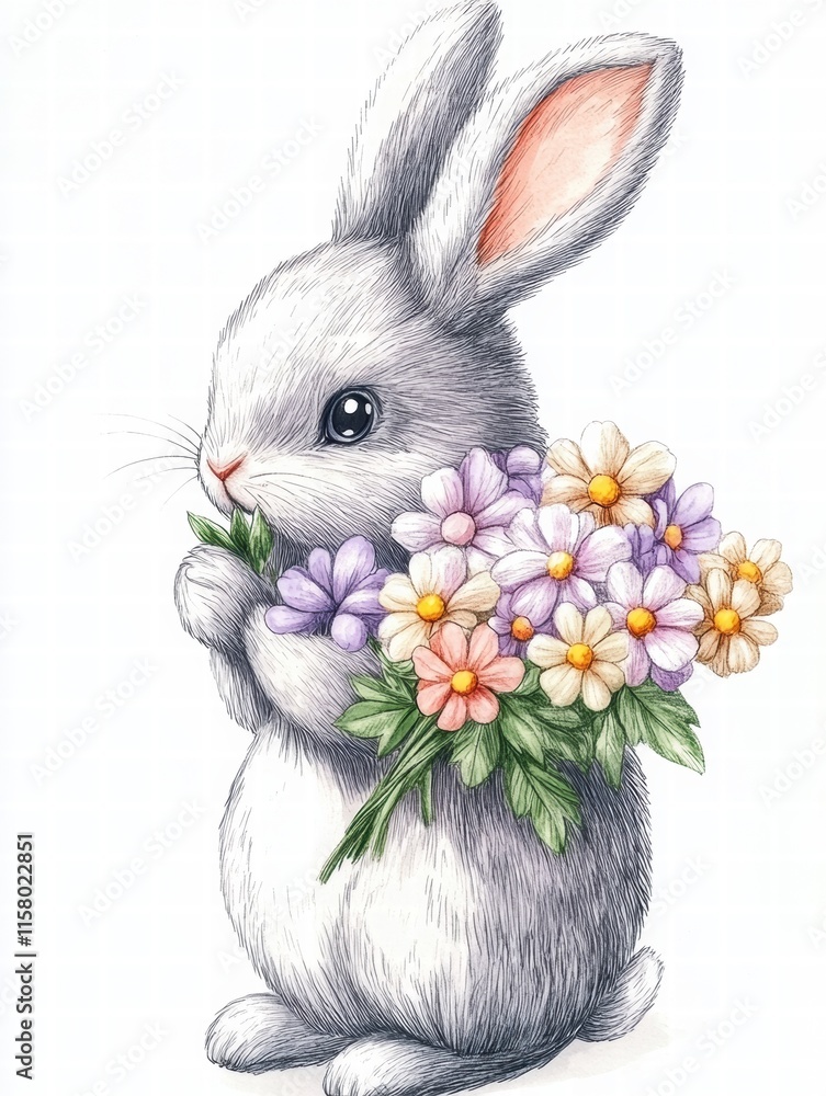 Poster cuddly rabbit holding vibrant bouquet of flowers creating a warm and cheerful mood suitable for gree
