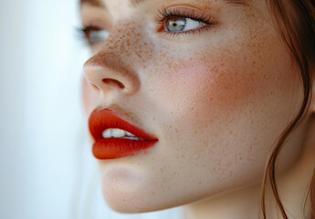 A close-up of a radiant smile framed by bold red lips, exuding confidence and allure, with a crisp white background enhancing the portrait's elegance.