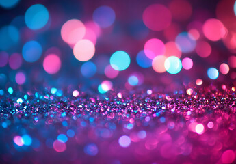 A pastel-toned background with bokeh lights and glittering sparkles in shades of pink, blue, and purple captures a playful yet sophisticated essence.