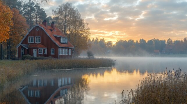 morning fog over mariefred sweden