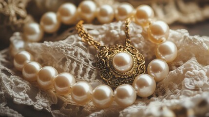 Elegant Vintage Pearl Necklace with Intricate Gold Pendant Set Against Soft Lace Background, Perfect for Fashion and Jewelry Enthusiasts