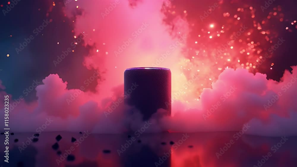 Poster a futuristic speaker surrounded by colorful smoke and sparks, creating a dynamic atmosphere.