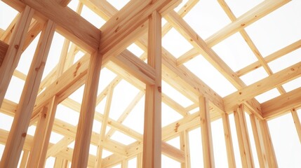 Obraz premium Wooden house frame structure, construction site.