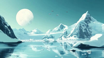Arctic Serenity: A Breathtaking Glacial Landscape Under a Giant Moon