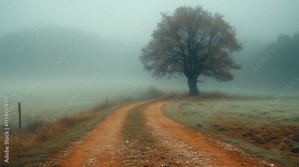 Poster mysterious pathways enveloped in fog lead to a solitary tree under a moody sky