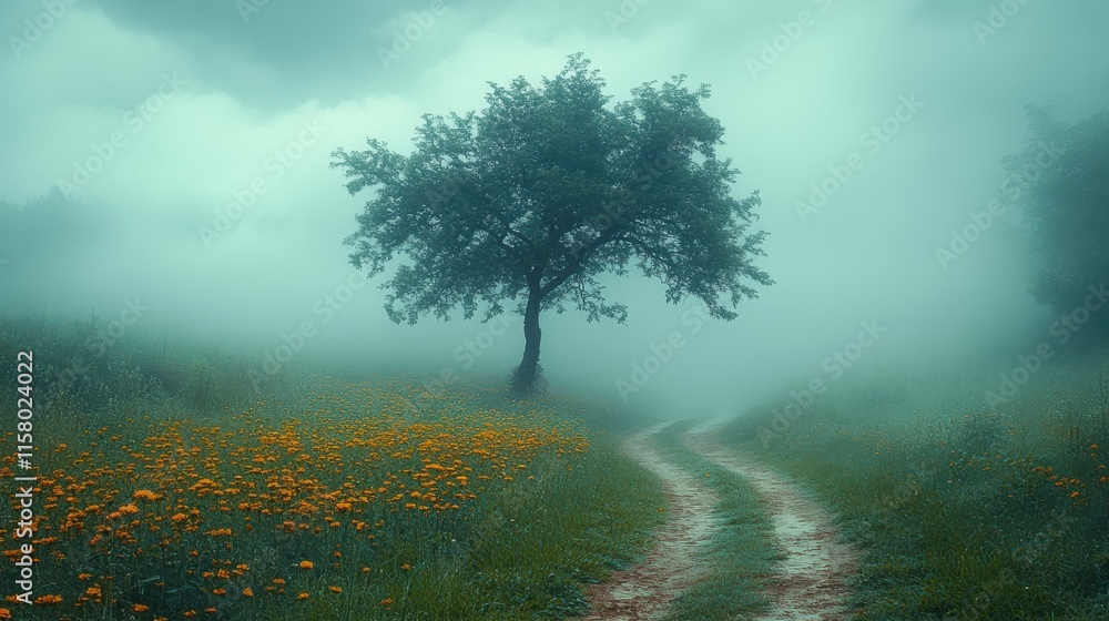 Poster mysterious pathways enveloped in fog lead to a solitary tree under a moody sky