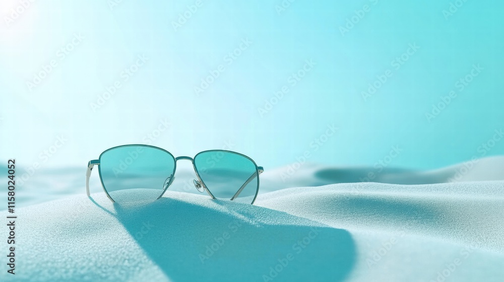 Poster Sunglasses resting on smooth sand with bright sunlight creating a tranquil beach atmosphere for summer relaxation. Generative AI