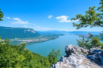 Scenic view of a river surrounded by mountains and greenery.