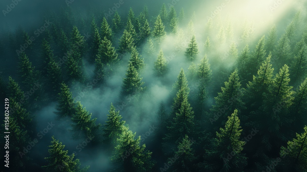 Poster nature scene with fog enveloping a dense forest of pine trees as sunlight filters through the haze