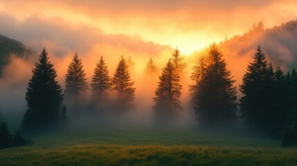 Obraz premium nature scene with rolling hills covered in thick fog and tall trees silhouetted against the sky