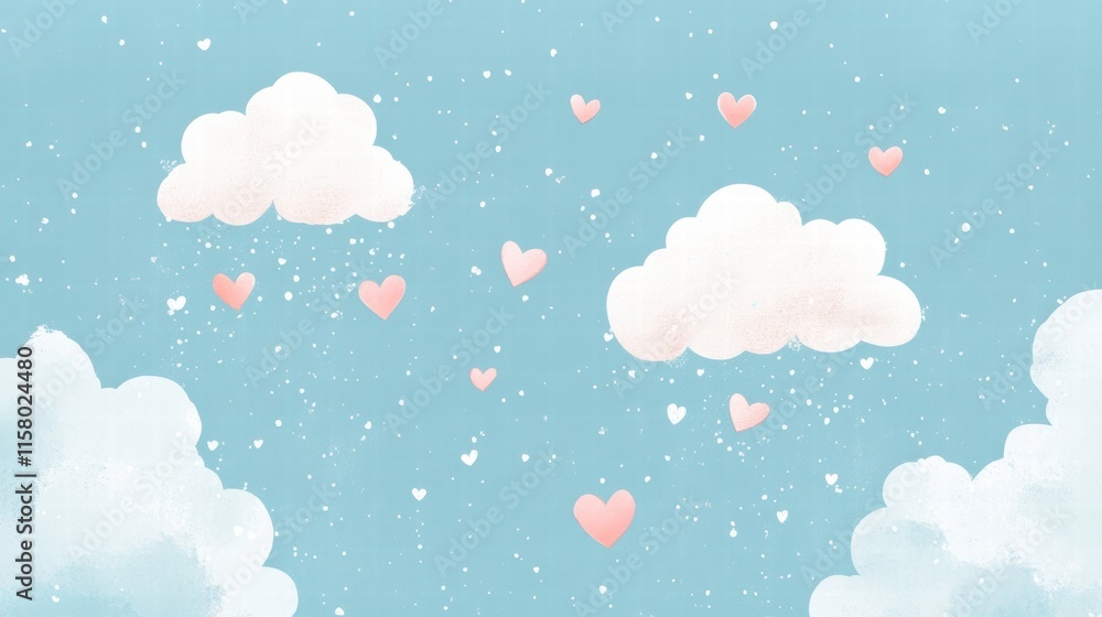 Aufkleber whimsical hand drawn valentines day design with fluffy clouds and floating hearts in a light blue sk