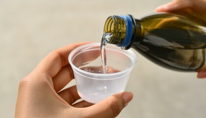 clear liquid is being poured from a bottle into a small plastic cup held by a hand.