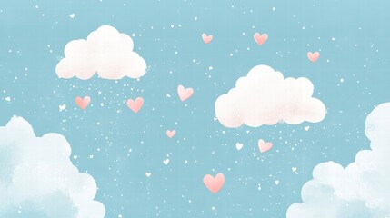 Whimsical hand drawn Valentines Day design with fluffy clouds and floating hearts in a light blue sky. Generative AI