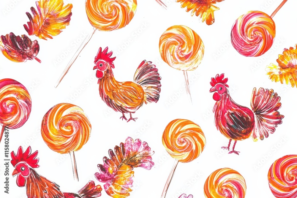 Fototapete vibrant rooster shaped lollipops in a playful doodle style with ample text space. generative ai