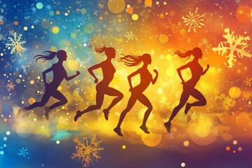 Naklejka premium This vibrant illustration captures a group of athletes engaged in a cardio workout, portraying energy and motivation for winter weight loss through running.
