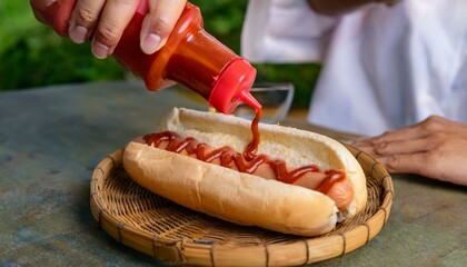 Hands pouring ketchup onto a hotdog.