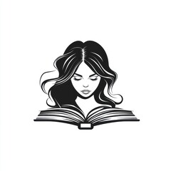Woman reading a book,  black and white illustration.