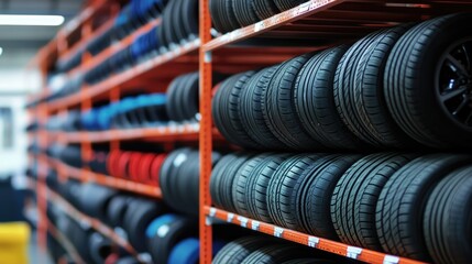 Tire Storage Rack with Various Tire Types in Automotive Shop