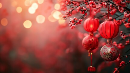 Chinese New Year decorations with red lanterns and berries on branch, bokeh background