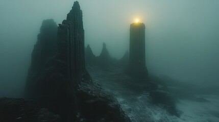 A mysterious landscape featuring towering rock formations shrouded in fog with a glowing light.
