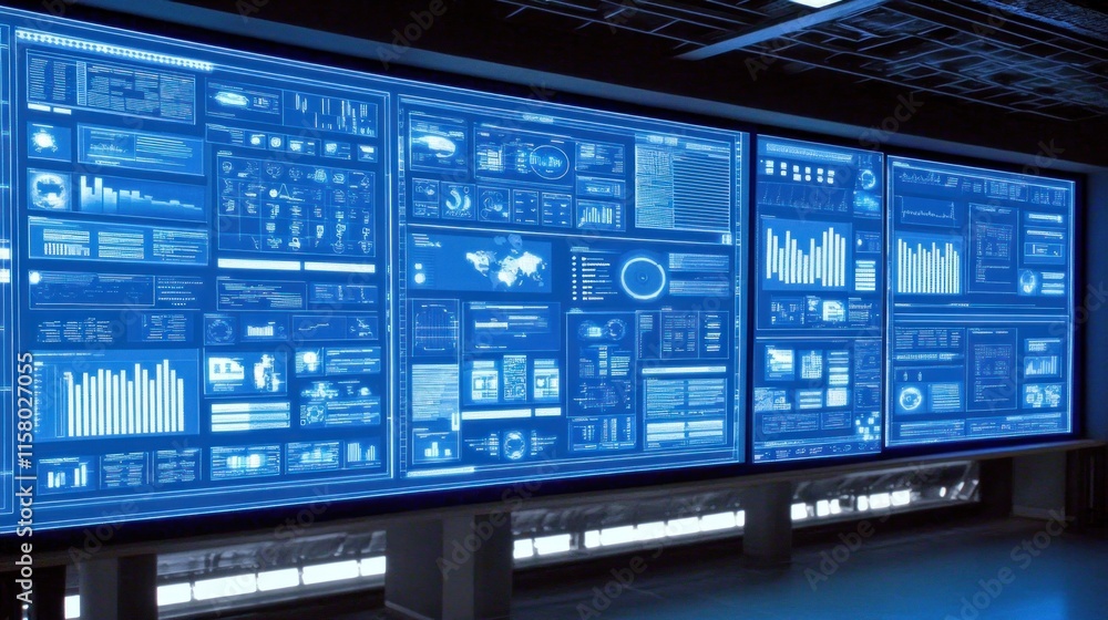 Poster futuristic data center display: gigantic screens showcasing real-time global data streams, charts, a