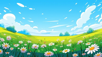 Daisies Bloom in a Sunny Green Field Under a Blue Sky