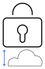 Lock symbol above a cloud icon with a blue double-ended arrow indicating security distance. Ideal for data protection, cybersecurity, secure storage, cloud computing, online security, privacy