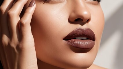 Fototapeta premium Fragment of a beautiful woman's face with makeup in brown tones, mocha mousse trend color 2025