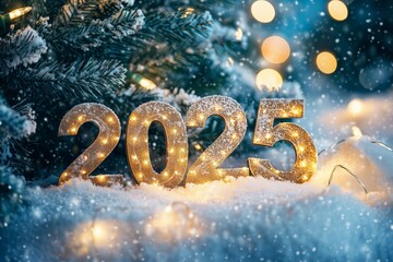 New Year 2025 numbers in the snow with a Christmas tree and lights, a New Year concept. - Generative AI