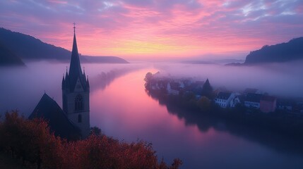 Naklejka premium river in the fog winds through a valley between vineyards in a 180 degree loop a great landscape and lighting in the morning church tower moselle bremm moselle loop rhineland palatinate germany