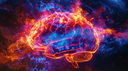 electrifying art of a fully lit brain highlighting high-energy cognitive functions like thinking and analyzing in vibrant detail

