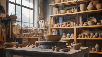 Pottery studio with clay items on shelves and table.