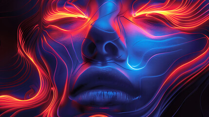 vibrant and energetic blue and red face with flowing waves illustrating the fusion of dynamic color patterns and movement in digital art
