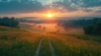 Obraz premium rural early morning sunrise fog and russians landscape summer background