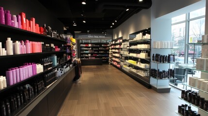 Modern Retail Store Interior with Hair and Beauty Products Display
