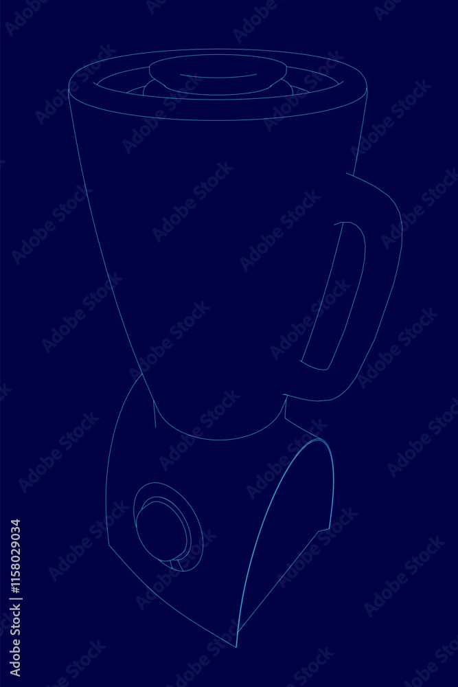 Poster blender is shown in a blue background. the blender is a simple design with a blue handle and a white