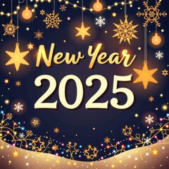 Golden "Happy New Year 2025" written across a mystical dark blue sky, sprinkled with delicate snowflakes and festive Christmas ornaments, setting the tone for a sparkling start to the year!