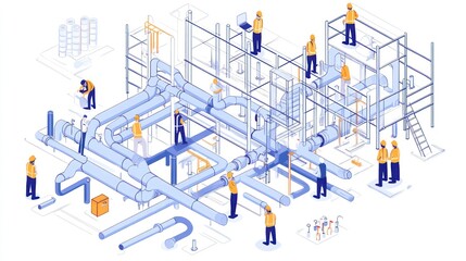 Isometric illustration of workers installing complex pipe system.