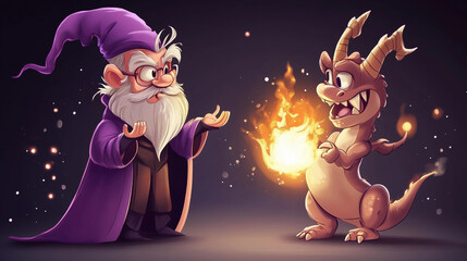 Cartoon-Style Illustration of a Friendly Wizard and a Playful Baby Dragon with Glowing Flames